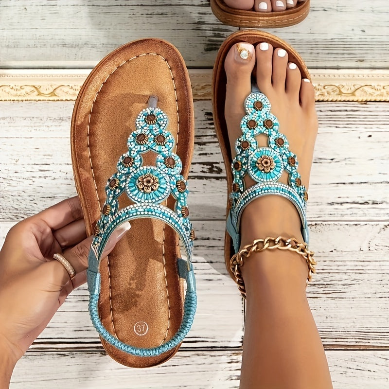 Women's Boho Style Flat Sandals, Flower Rhinestone Elastic Strap Slip On Shoes, Summer Beach Thong Sandals